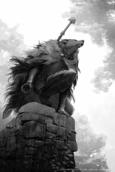 Anime picture 1082x1623 with elden ring blaidd the half-wolf l aciel single tall image signed full body kneeling monochrome boy armor furry