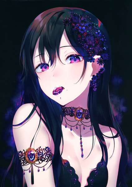 Anime picture 2092x2951 with original achiki single long hair tall image looking at viewer blush fringe highres breasts black hair simple background hair between eyes purple eyes bare shoulders holding upper body hair flower scan mole