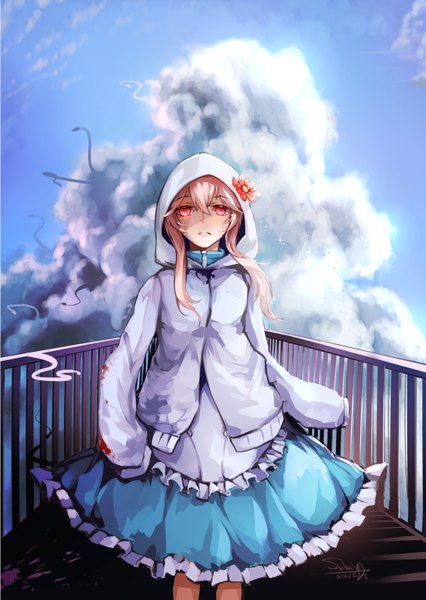 Anime picture 1136x1599 with kagerou project shaft (studio) mary (kagerou project) suikaxd single long hair tall image looking at viewer red eyes signed pink hair sky cloud (clouds) long sleeves girl dress flower (flowers) hood