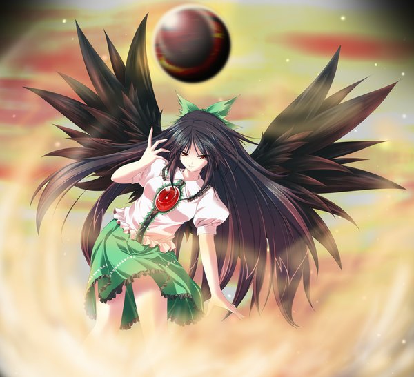Anime picture 1000x912 with touhou reiuji utsuho amicis single long hair looking at viewer black hair red eyes girl dress skirt bow hair bow wings green skirt