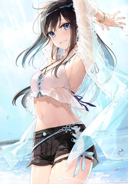 Anime picture 2406x3464 with original fuumi (radial engine) single long hair tall image looking at viewer blush fringe highres breasts blue eyes light erotic smile hair between eyes large breasts standing payot sky cleavage cloud (clouds)