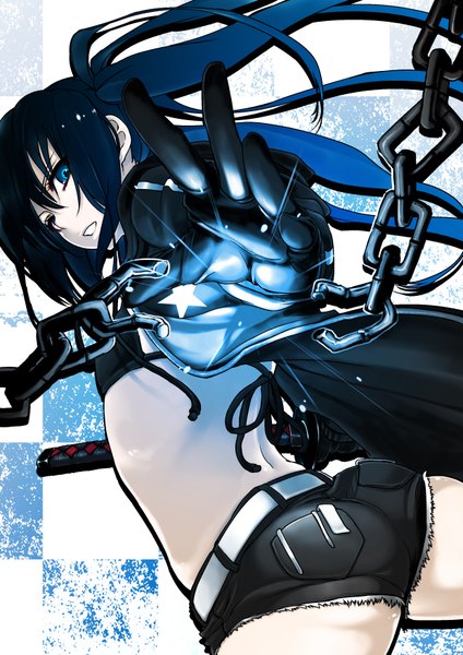 Anime picture 2480x3508 with black rock shooter black rock shooter (character) ask02 single long hair tall image looking at viewer highres blue eyes black hair twintails holding long sleeves looking back multicolored hair from behind gradient hair checkered checkered background girl