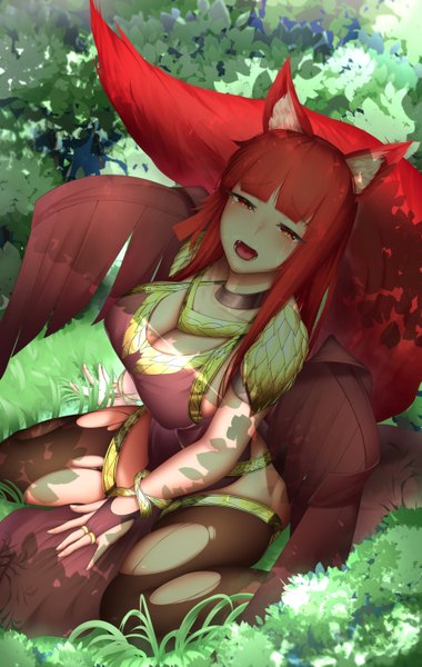 Anime picture 950x1500 with original pairleaf single long hair tall image looking at viewer blush fringe breasts open mouth light erotic red eyes large breasts sitting animal ears bent knee (knees) outdoors red hair tail blunt bangs