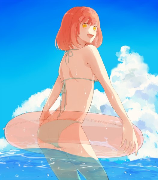 Anime picture 1500x1710 with uta no prince-sama a-1 pictures nanami haruka (uta no prince-sama) kurimochi (artist) single tall image short hair open mouth light erotic standing yellow eyes pink hair sky cloud (clouds) looking back from behind orange hair wet back happy