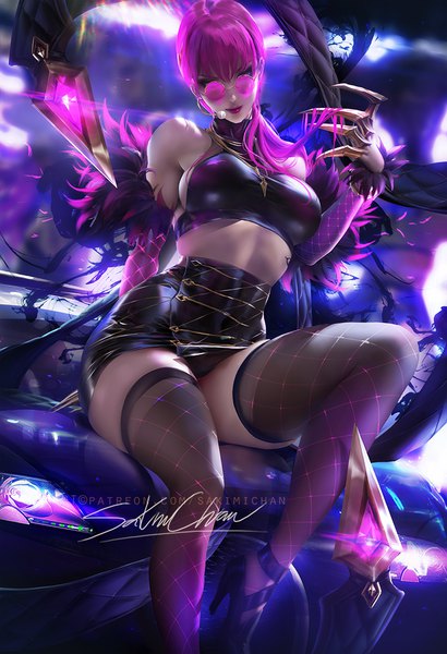 Anime picture 684x1000 with league of legends k/da (league of legends) evelynn (league of legends) k/da evelynn sakimichan single long hair tall image looking at viewer blush fringe breasts light erotic hair between eyes sitting bare shoulders signed yellow eyes pink hair bent knee (knees)