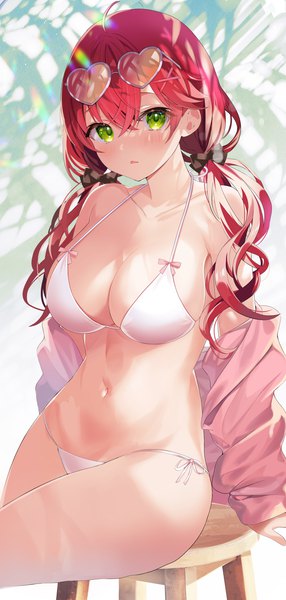 Anime picture 1500x3148 with virtual youtuber hololive sakura miko motsunuki single long hair tall image looking at viewer blush fringe breasts open mouth light erotic hair between eyes large breasts sitting twintails green eyes pink hair ahoge