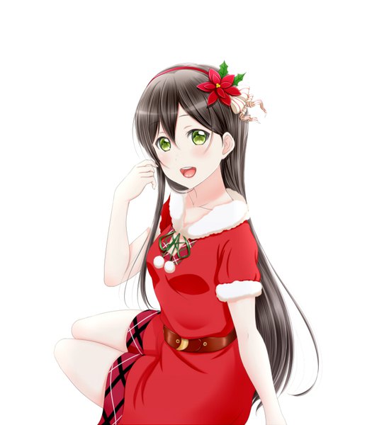Anime picture 875x1000 with bang dream! hanazono tae roaru (gyuren) single long hair tall image looking at viewer blush fringe open mouth black hair simple background hair between eyes white background sitting green eyes :d fur trim christmas girl