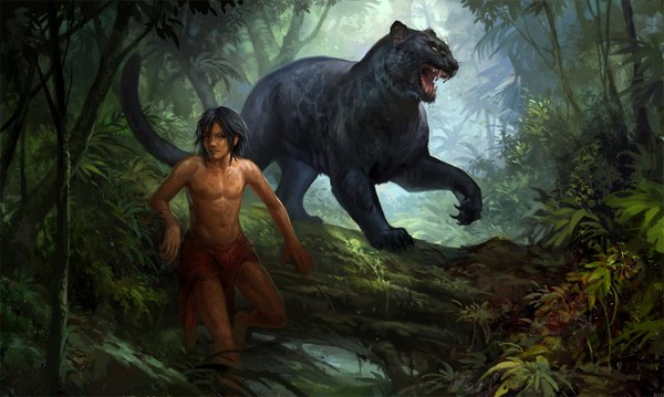Anime picture 1300x778 with jungle book bagheera mowgli sandara short hair open mouth black hair wide image teeth fang (fangs) dark skin topless muscle boy navel plant (plants) animal tree (trees) forest panther