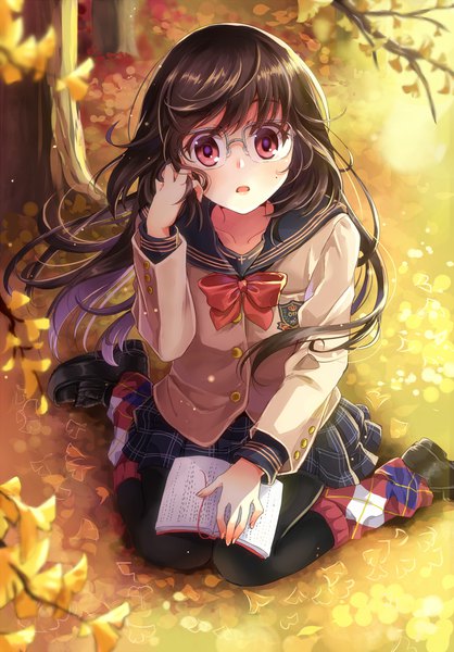 Anime picture 898x1289 with original nekozuki yuki single long hair tall image looking at viewer open mouth black hair red eyes girl skirt uniform plant (plants) school uniform tree (trees) glasses book (books) leaf (leaves)