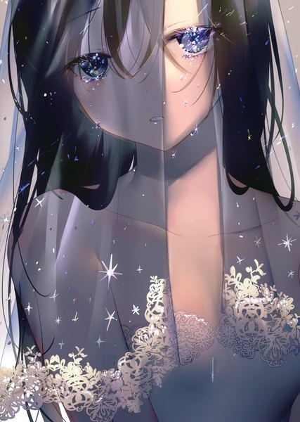 Anime picture 2099x2952 with original achiki single long hair tall image looking at viewer fringe highres black hair hair between eyes purple eyes bare shoulders upper body parted lips scan sparkle tears girl lace veil