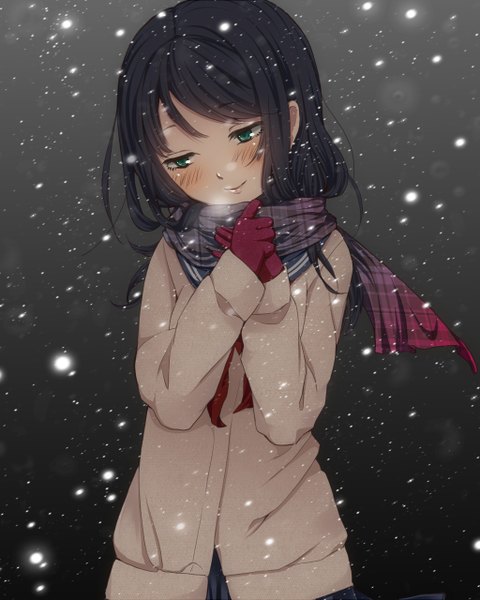 Anime picture 1024x1280 with original karube karu single long hair tall image blush black hair simple background smile green eyes snowing dark background winter girl jacket scarf