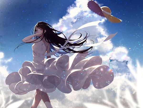 Anime picture 1650x1250 with original kisui single long hair looking at viewer blush fringe blue eyes black hair standing sky cloud (clouds) outdoors looking back wind from behind covered mouth hat removed headwear removed wind lift