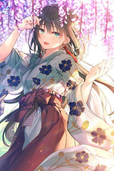 Anime picture 873x1308 with original melonbooks toosaka asagi single long hair tall image looking at viewer blush fringe open mouth black hair smile hair between eyes standing green eyes traditional clothes :d japanese clothes arm up wide sleeves