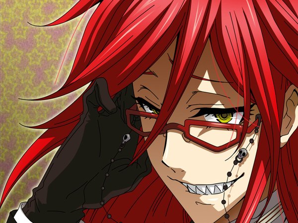 Anime picture 1600x1200 with kuroshitsuji a-1 pictures grell sutcliff single long hair smile yellow eyes red hair teeth face sharp teeth shinigami boy gloves glasses skull