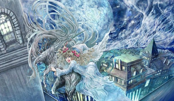 Anime picture 1098x641 with tanupo single long hair blue eyes blonde hair wide image sky horn (horns) wind city girl dress bow hair bow animal window bird (birds) building (buildings) moon planet