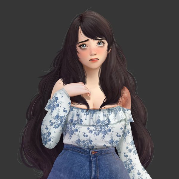 Anime picture 1080x1080 with original jubi (regiana) single long hair looking at viewer breasts black hair simple background bare shoulders cleavage parted lips grey eyes lipstick floral print dark background scar denim scared girl blouse