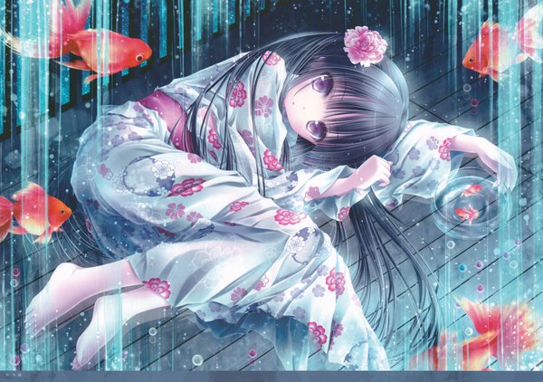 Anime picture 3500x2462 with original tinker bell long hair looking at viewer highres black hair purple eyes absurdres lying japanese clothes barefoot hair flower scan loli girl hair ornament kimono fish (fishes)