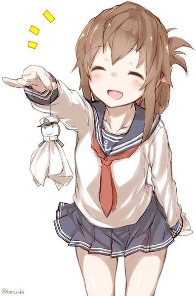 Anime picture 2650x4000 with kantai collection inazuma destroyer katoroku single tall image blush highres short hair open mouth simple background smile brown hair white background holding signed eyes closed long sleeves :d pleated skirt twitter username