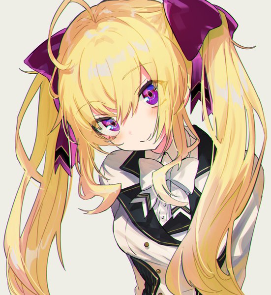 Anime picture 1104x1203 with virtual youtuber nijisanji takamiya rion hayama eishi single long hair tall image looking at viewer fringe simple background blonde hair smile hair between eyes purple eyes twintails payot upper body ahoge grey background girl