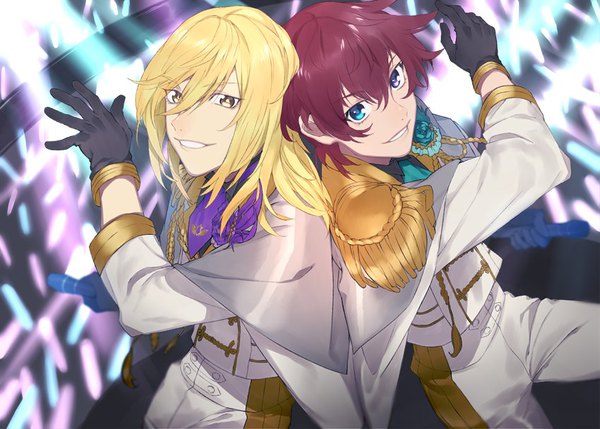 Anime picture 850x608 with idolmaster tales of (series) idolmaster side-m tales of graces asbel lhant richard (tales) sachico66 long hair looking at viewer fringe short hair blonde hair hair between eyes purple eyes yellow eyes purple hair aqua eyes from above multiple boys alternate costume