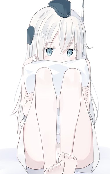 Anime picture 800x1266 with kantai collection u-511 submarine shikuro (iorimiyakiyo) single long hair tall image looking at viewer blush fringe blue eyes light erotic hair between eyes bare shoulders silver hair full body bent knee (knees) barefoot bare legs pantyshot pantyshot sitting