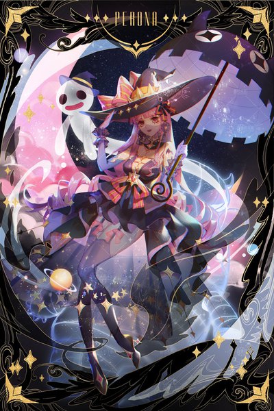 Anime picture 880x1320 with one piece toei animation perona dywx poison single long hair tall image looking at viewer fringe holding pink hair full body blunt bangs night arms up night sky drill hair adjusting hat ghost crescent