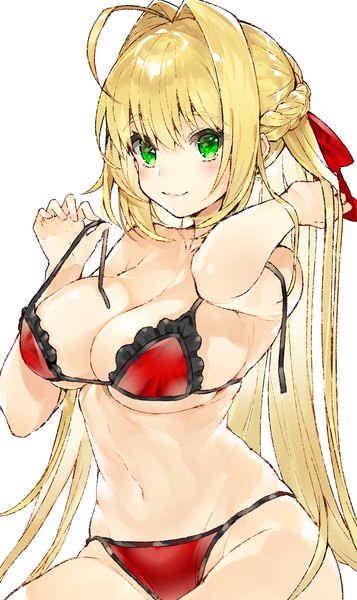 Anime picture 3200x5367 with fate (series) fate/grand order nero claudius (fate) (all) nero claudius (swimsuit caster) (fate) kou mashiro single long hair tall image looking at viewer blush fringe highres breasts light erotic simple background blonde hair large breasts white background bare shoulders holding