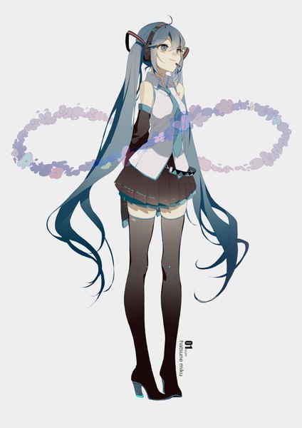 Anime picture 2480x3507 with vocaloid hatsune miku zhibuji loom single tall image highres simple background standing twintails full body ahoge very long hair aqua eyes light smile aqua hair grey background high heels zettai ryouiki character names girl