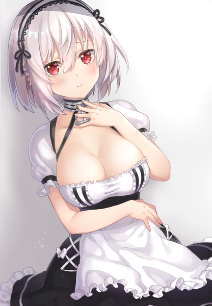 Anime picture 1070x1544 with azur lane sirius (azur lane) kon (k0n16) single tall image looking at viewer blush fringe short hair breasts light erotic simple background smile hair between eyes red eyes large breasts standing payot cleavage white hair