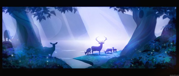 Anime picture 1920x818 with alextooth highres wide image signed horn (horns) light no people landscape framed silhouette lake plant (plants) animal tree (trees) forest fireflies deer