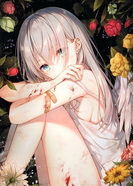 Anime picture 2449x3427 with original ciel (toosaka asagi) toosaka asagi single long hair tall image looking at viewer fringe highres breasts light erotic hair between eyes sitting bare shoulders silver hair bent knee (knees) head tilt aqua eyes scan hair over one eye