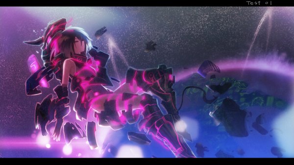 Anime picture 1920x1080 with original maxpower (artist) single highres short hair black hair wide image bare shoulders eyes closed girl gloves armor planet