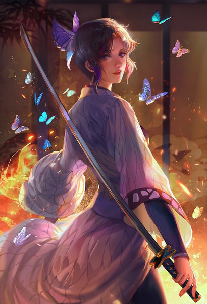 Anime picture 975x1425 with kimetsu no yaiba ufotable kochou shinobu jiuge single tall image short hair black hair standing purple eyes holding payot indoors traditional clothes parted lips japanese clothes looking back from behind realistic wide sleeves