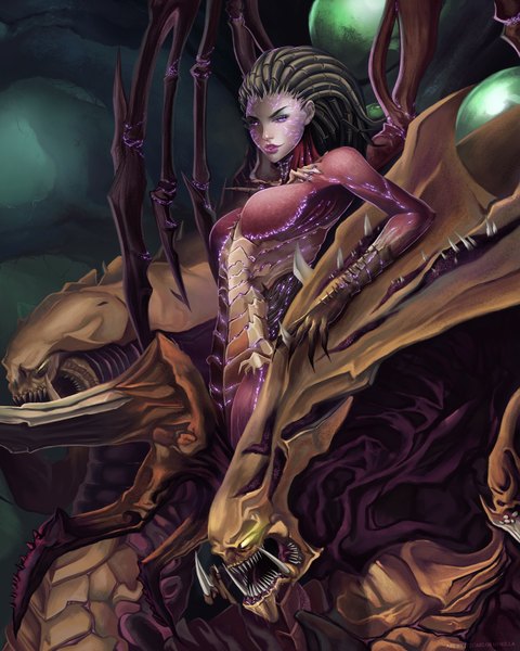 Anime picture 1280x1600 with starcraft blizzard entertainment sarah kerrigan hydralisk cmorilla (artist) single long hair tall image looking at viewer black hair purple eyes lips teeth fang (fangs) eyebrows eyeshadow girl monster