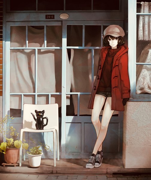 Anime picture 1200x1429 with original converse kaoming single tall image fringe short hair hair between eyes brown hair brown eyes looking away full body open clothes bare legs against wall girl gloves plant (plants) hat black gloves