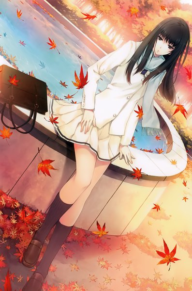 Anime picture 2651x4000 with kara no shoujo innocent grey kuchiki toko sugina miki single long hair tall image looking at viewer fringe highres black hair hair between eyes sitting outdoors pleated skirt black eyes sunlight scan official art autumn