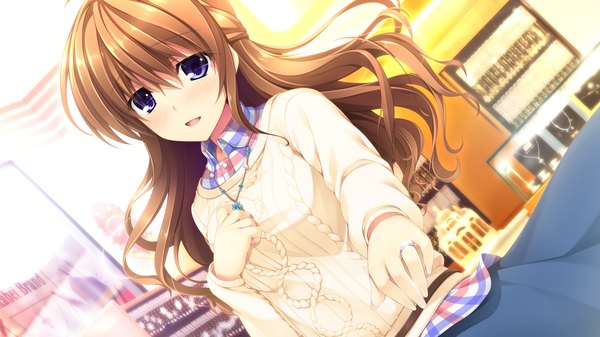 Anime picture 2194x1234 with pretty x cation 2 hibiki works hayase chitose single long hair looking at viewer blush highres open mouth blue eyes brown hair wide image game cg girl pendant sweater