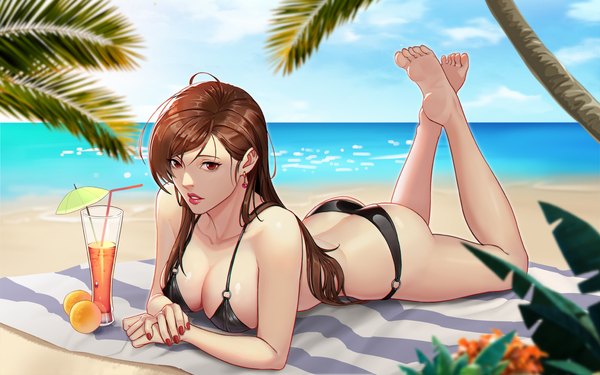 Anime picture 1920x1200 with original dumpling2333 single long hair looking at viewer fringe highres breasts light erotic red eyes brown hair large breasts full body outdoors ass lying nail polish parted lips barefoot lipstick