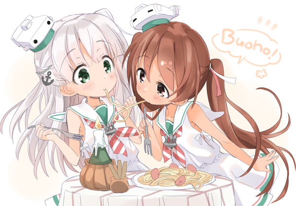Anime picture 1853x1293 with kantai collection lady and the tramp disney libeccio destroyer maestrale (kantai collection) hizuki yayoi long hair blush fringe highres simple background hair between eyes brown hair standing white background twintails multiple girls holding brown eyes green eyes