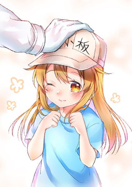 Anime picture 900x1273 with hataraku saibou david production platelet (hataraku saibou) white blood cell (hataraku saibou) p@nda long hair tall image blush brown hair brown eyes one eye closed from above solo focus pov cute headpat girl t-shirt baseball cap flower (symbol)