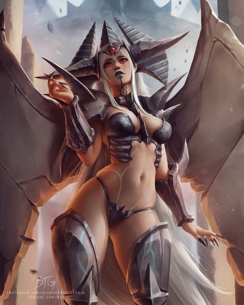 Anime picture 1536x1920 with yu-gi-oh! obelisk the tormentor (personification) obelisk the tormentor blondynkitezgraja single tall image fringe breasts light erotic hair between eyes red eyes large breasts standing signed payot silver hair very long hair nail polish parted lips arm up