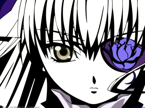 Anime picture 1400x1050 with rozen maiden barasuishou single long hair looking at viewer white hair black eyes close-up serious polychromatic high contrast girl flower (flowers) rose (roses) eyepatch blue rose