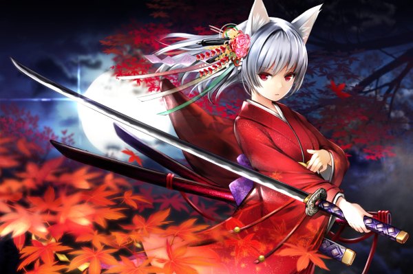 Anime picture 1213x808 with original catbell single long hair looking at viewer red eyes animal ears silver hair traditional clothes japanese clothes hair flower girl hair ornament flower (flowers) weapon sword kimono katana leaf (leaves) kanzashi