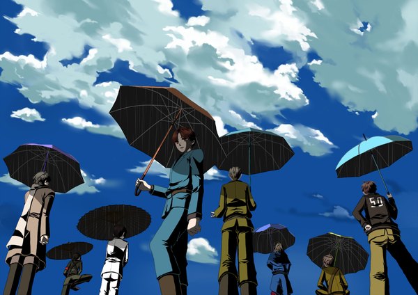 Anime picture 1500x1060 with axis powers hetalia studio deen japan (hetalia) russia (hetalia) china (hetalia) germany (hetalia) finland (hetalia) cloud (clouds) from behind group umbrella
