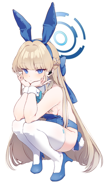 Anime picture 1376x2398 with blue archive toki (blue archive) toki (bunny) (blue archive) yu yomota single long hair tall image fringe blue eyes light erotic simple background blonde hair white background animal ears looking away full body tail blunt bangs animal tail high heels