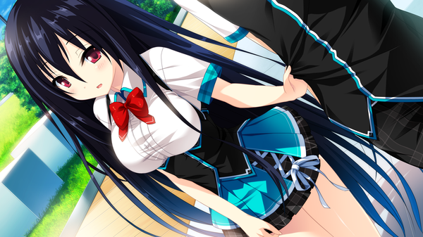 Anime picture 2560x1440 with cocoro@function! hayami asagao long hair blush highres open mouth black hair red eyes wide image game cg girl uniform school uniform