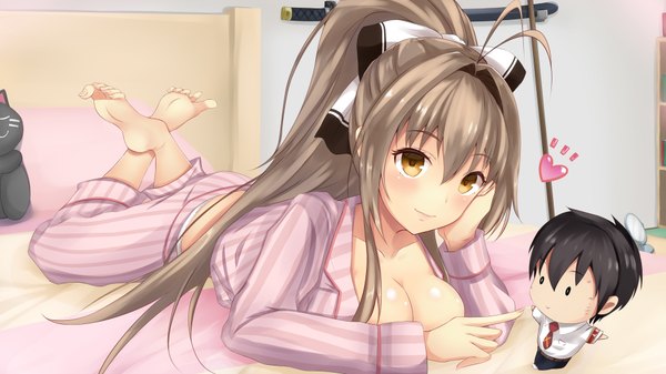 Anime picture 1920x1080 with amagi brilliant park kyoto animation sento isuzu mijinko (rioriorio) long hair blush highres breasts light erotic brown hair wide image brown eyes cleavage ponytail girl bow hair bow pajamas