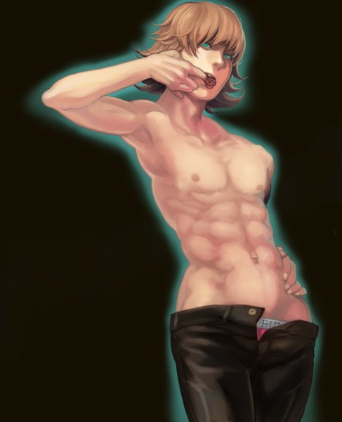 Anime picture 1300x1600 with tiger & bunny sunrise (studio) barnaby brooks jr. ourobunny single tall image short hair open mouth light erotic blonde hair standing aqua eyes midriff tattoo hand on hip finger to mouth dark background boy pants