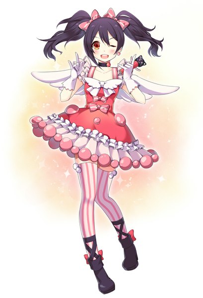 Anime picture 700x1027 with love live! school idol project sunrise (studio) love live! yazawa nico yeni single long hair tall image blush open mouth black hair red eyes twintails one eye closed wink mmm girl thighhighs dress gloves