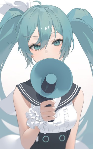 Anime picture 1250x2000 with blue archive vocaloid hatsune miku seon (seonon ) single long hair tall image looking at viewer fringe simple background hair between eyes white background twintails upper body aqua eyes aqua hair covered mouth sailor collar wrist scrunchie girl